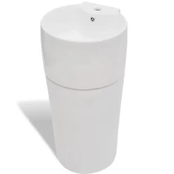 Clearance vidaXL Runt handfat med kran- och överflödeshål i keramik med pelare Vit