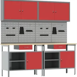 Clearance vidaXL Arbetsbänkset med låda 8 pcs och Grå Pulverlackerat stål Röd