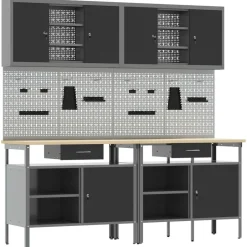 New vidaXL Arbetsbänkset med låda 8 pcs Röd och Grå Pulverlackerat stål Svart