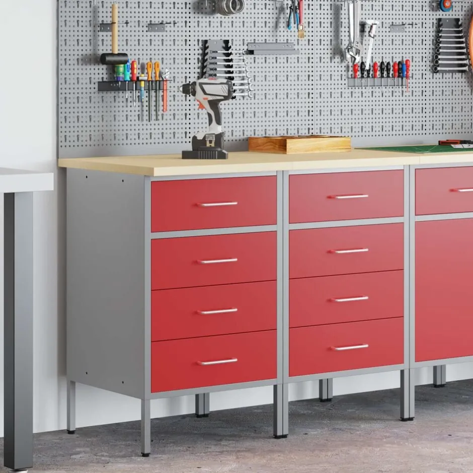 Best vidaXL Arbetskabinett med låda 2 pcs och Grå 100 x 55 x 85 cm Röd