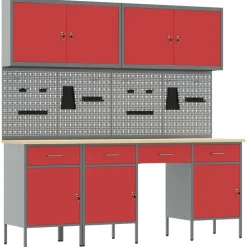Clearance vidaXL Arbetskabinett med låda 10 pcs Konstruerat trä och stål Röd