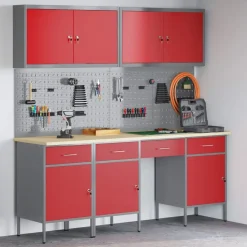 Clearance vidaXL Arbetskabinett med låda 10 pcs Konstruerat trä och stål Röd