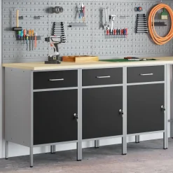 vidaXL Arbetskabinett med låda 3 pcs Svart och Grå 150 x 55 x 85 cm