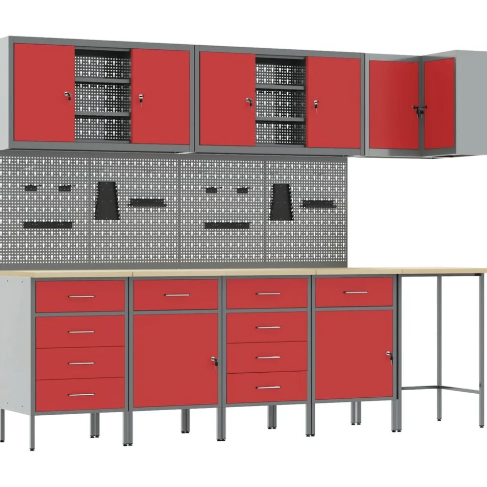 vidaXL Arbetskabinett Set med låda med hylla 12 pcs Röd och Grå