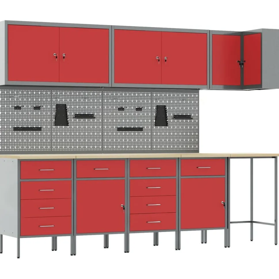 vidaXL Arbetskabinett Set med låda med hylla 12 pcs Röd och Grå