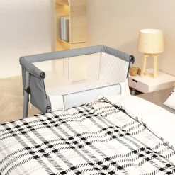 vidaXL Babysäng med madrass ljusgrå linnetyg