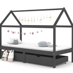Online vidaXL Barnsäng med låda massiv furu 90x200 cm Mörkgrå
