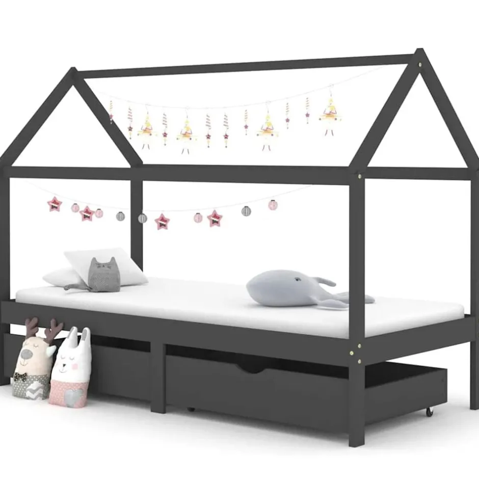 Online vidaXL Barnsäng med låda massiv furu 90x200 cm Mörkgrå