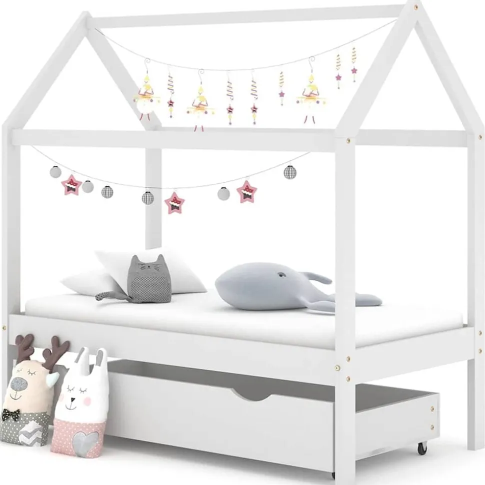 vidaXL Barnsäng med låda vit massiv furu 70x140 cm