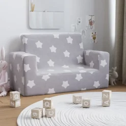 New vidaXL Barnsoffa 2-sits ljusgrå med stjärnor mjuk plysch Ljusgrå och vit