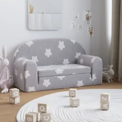 vidaXL Bäddsoffa för barn 2-sits ljusgrå med stjärnor mjuk plysch