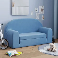 vidaXL Bäddsoffa för barn 2-sits blå mjuk plysch