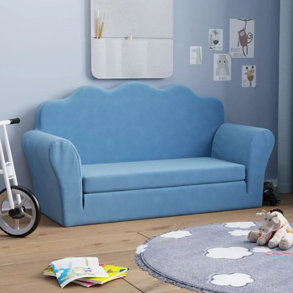 vidaXL Bäddsoffa för barn 2-sits blå mjuk plysch