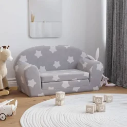 vidaXL Bäddsoffa för barn 2-sits ljusgrå med stjärnor mjuk plysch
