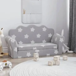 vidaXL Bäddsoffa för barn 2-sits ljusgrå med stjärnor mjuk plysch