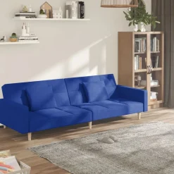 vidaXL Bäddsoffa 2-sits med två kuddar blå tyg