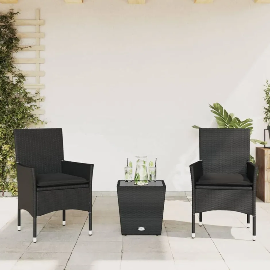 Sale vidaXL Bistrogrupp med dynor 3 delar konstrotting och glas Svart