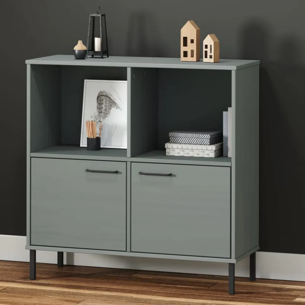 vidaXL Bokhylla med metallben OSLO grå 90x35x90,5 cm massivt trä