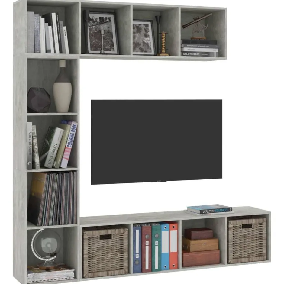 Online vidaXL Bokhylla/TV-bänk 3 delar set 180x30x180 cm Betonggrå