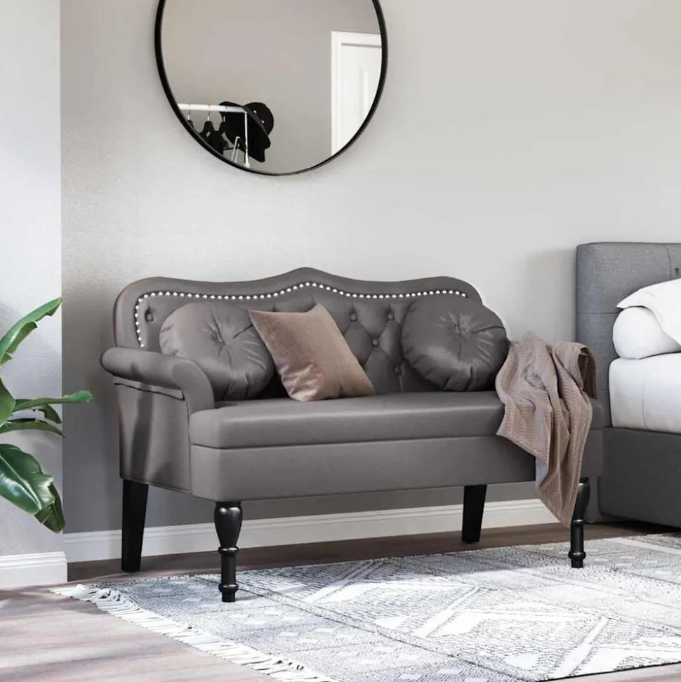vidaXL Chesterfield Bänk med kudde Grå 120,5 x 65 x 75 cm Konstläder