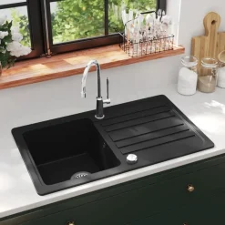 vidaXL Diskbänk i granit med en diskho och avlopp svart