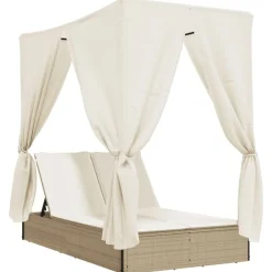 Discount vidaXL Dubbel solsäng med tak och dynor beige konstrotting beige och gräddvit