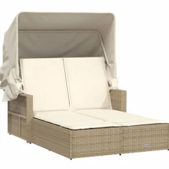 vidaXL Dubbel solsäng med tak och dynor beige konstrotting