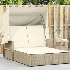 vidaXL Dubbel solsäng med tak och dynor beige konstrotting