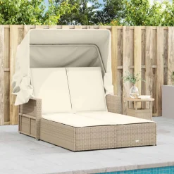 vidaXL Dubbel solsäng med tak och dynor beige konstrotting