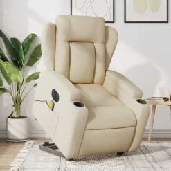 vidaXL Elektrisk massagefåtölj med uppresningshjälp gräddvit tyg