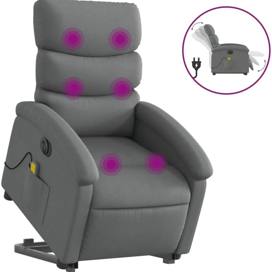 vidaXL Elektrisk massagefåtölj med uppresningshjälp tyg Mörkgrå