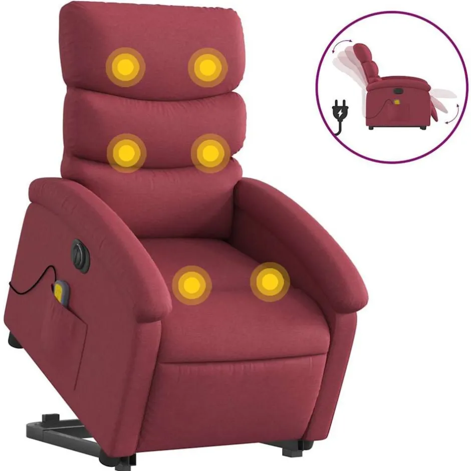 Clearance vidaXL Elektrisk massagefåtölj med uppresningshjälp tyg Vinröd