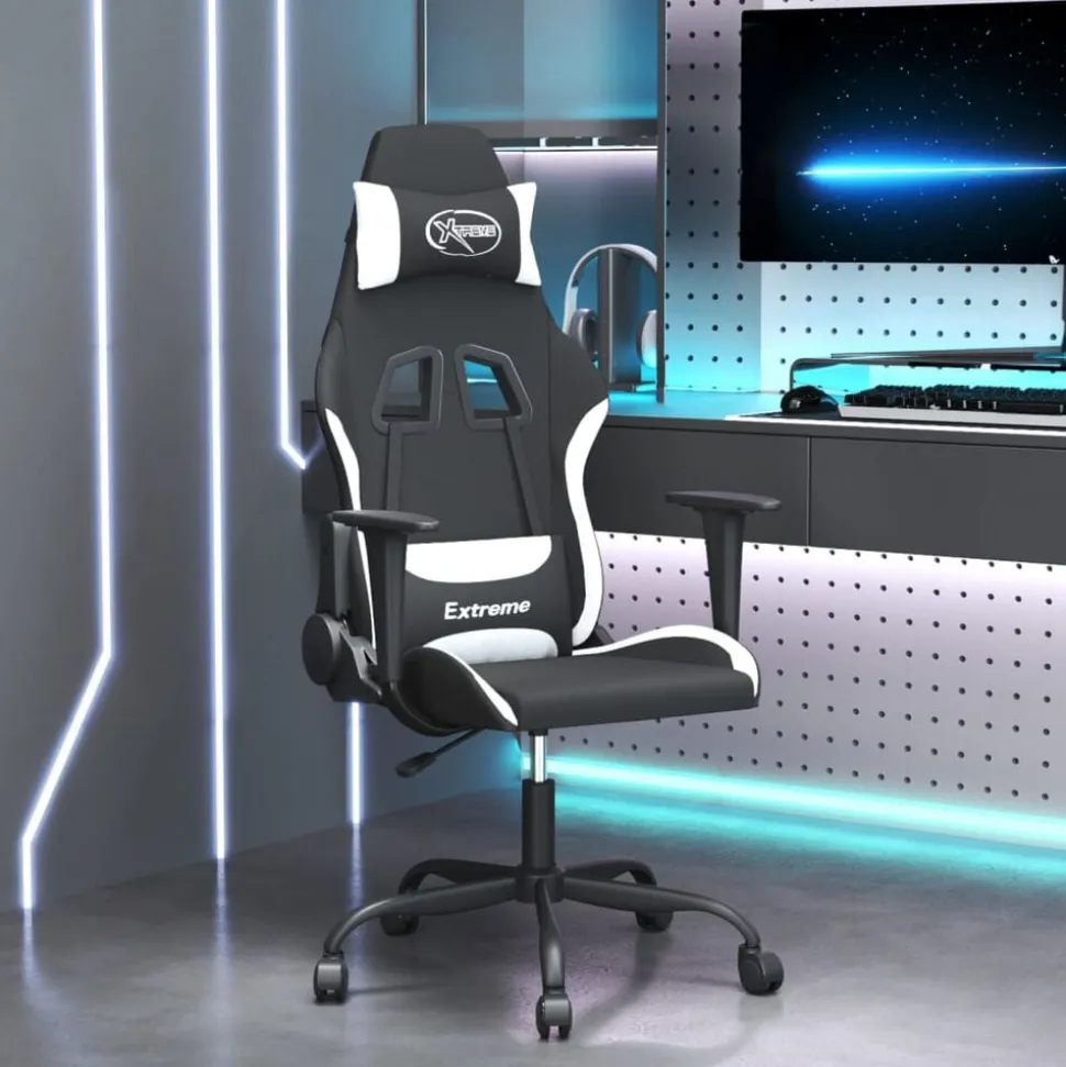 vidaXL Gamingstol med massage svart och vit tyg