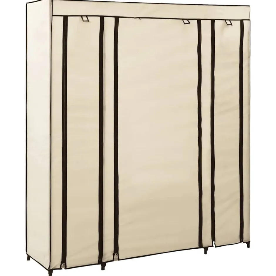Best vidaXL Garderob med fack och stänger gräddvit 150x45x176 cm tyg Kräm
