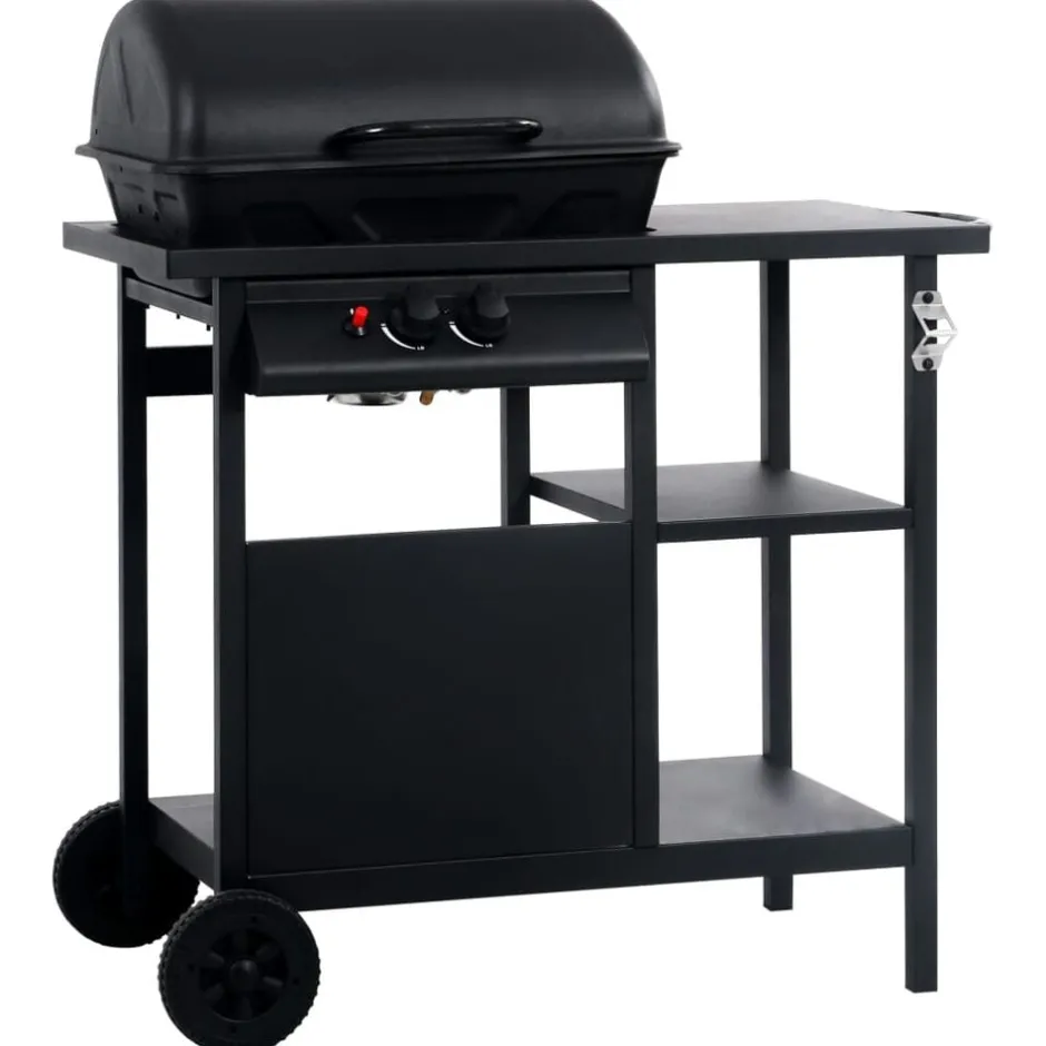 Outlet vidaXL Gasolgrill med sidobord i 3 nivåer Svart