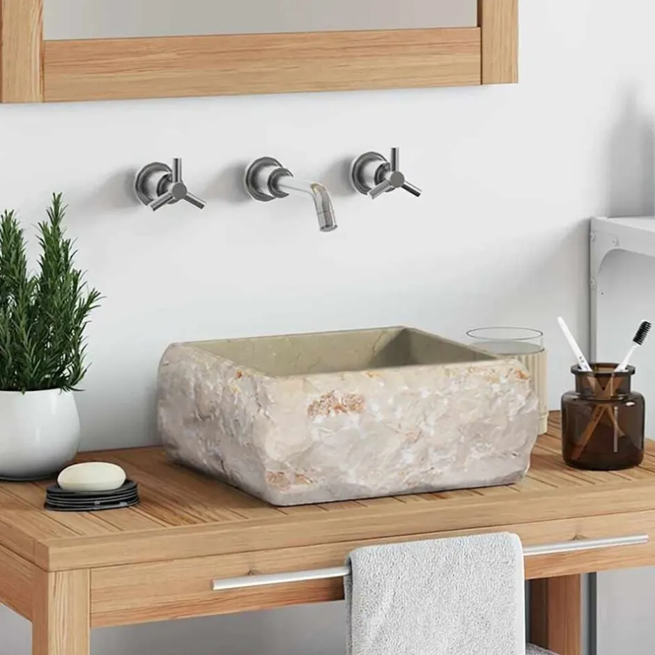 Outlet vidaXL Handfat gräddvit 30x30x13 cm marmor Kräm