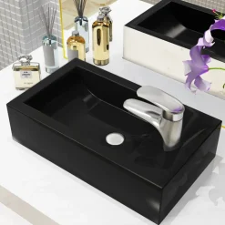 vidaXL Handfat med kranhål keramik rektangulär svart 46x25,5x12 cm