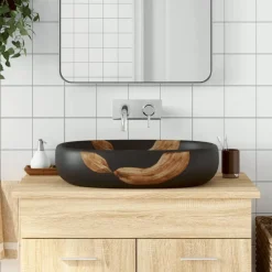 Discount vidaXL Handfat svart oval 59x40x14 cm keramik Svart och brun