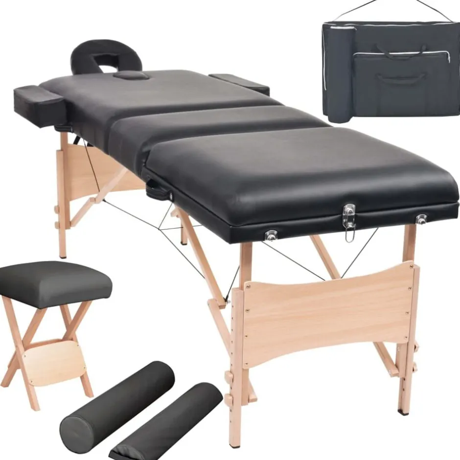 Best vidaXL Hopfällbar massagebänk 3 sektioner och pall 10 cm tjock Svart