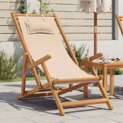 vidaXL Hopfällbar strandstol beige massivt eukalyptusträ och tyg