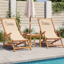 vidaXL Hopfällbar strandstol beige massivt eukalyptusträ och tyg