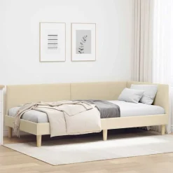 vidaXL Hörn Sängram med huvudgavel 80 cm x 200 cm Tyg och plywood Kräm