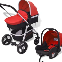 vidaXL 3-i-1 Barnvagn aluminium röd och svart