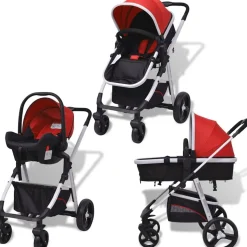 vidaXL 3-i-1 Barnvagn aluminium röd och svart