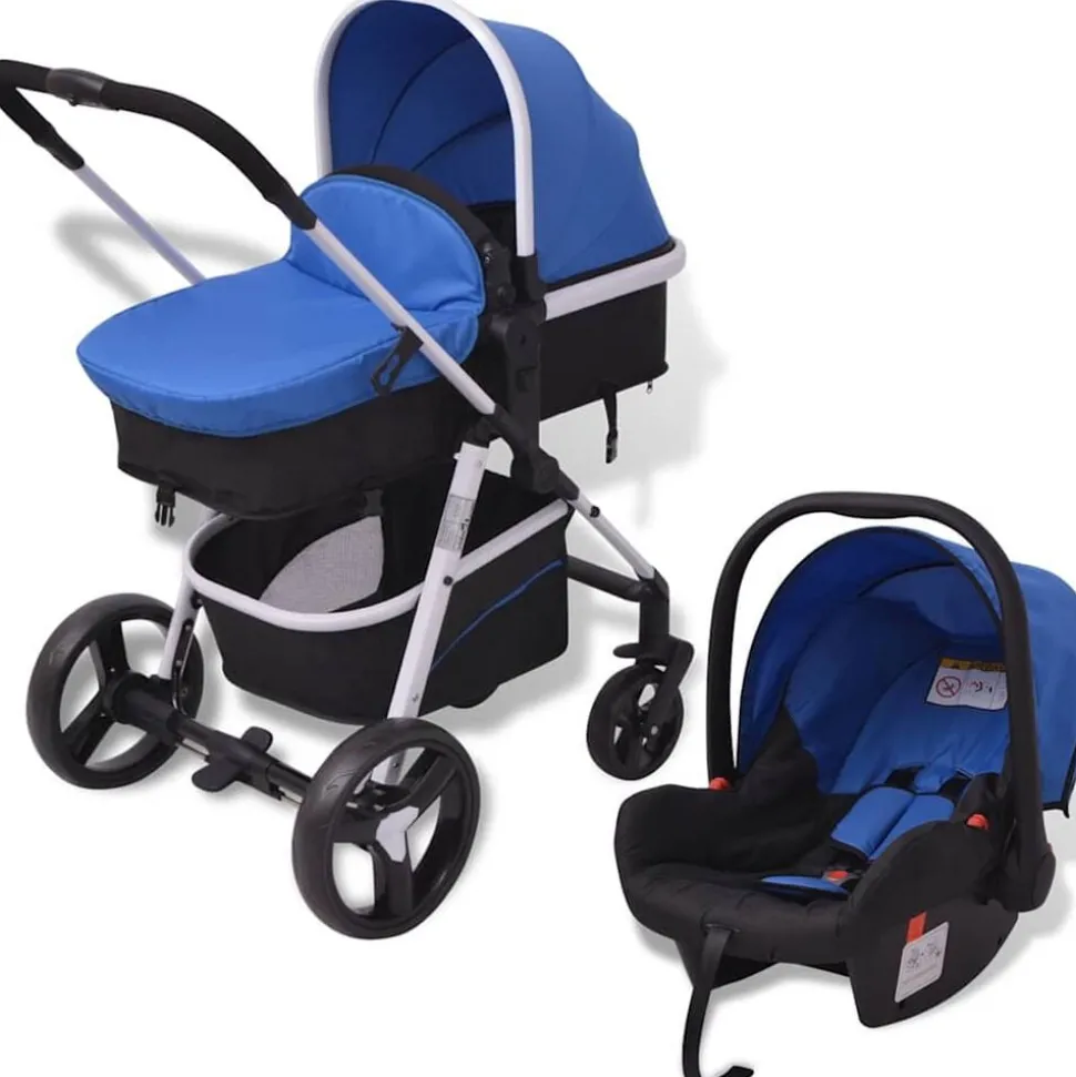 vidaXL 3-i-1 Barnvagn aluminium blå och svart