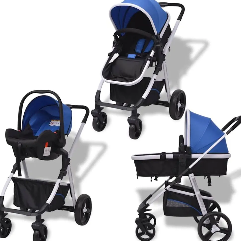 vidaXL 3-i-1 Barnvagn aluminium blå och svart