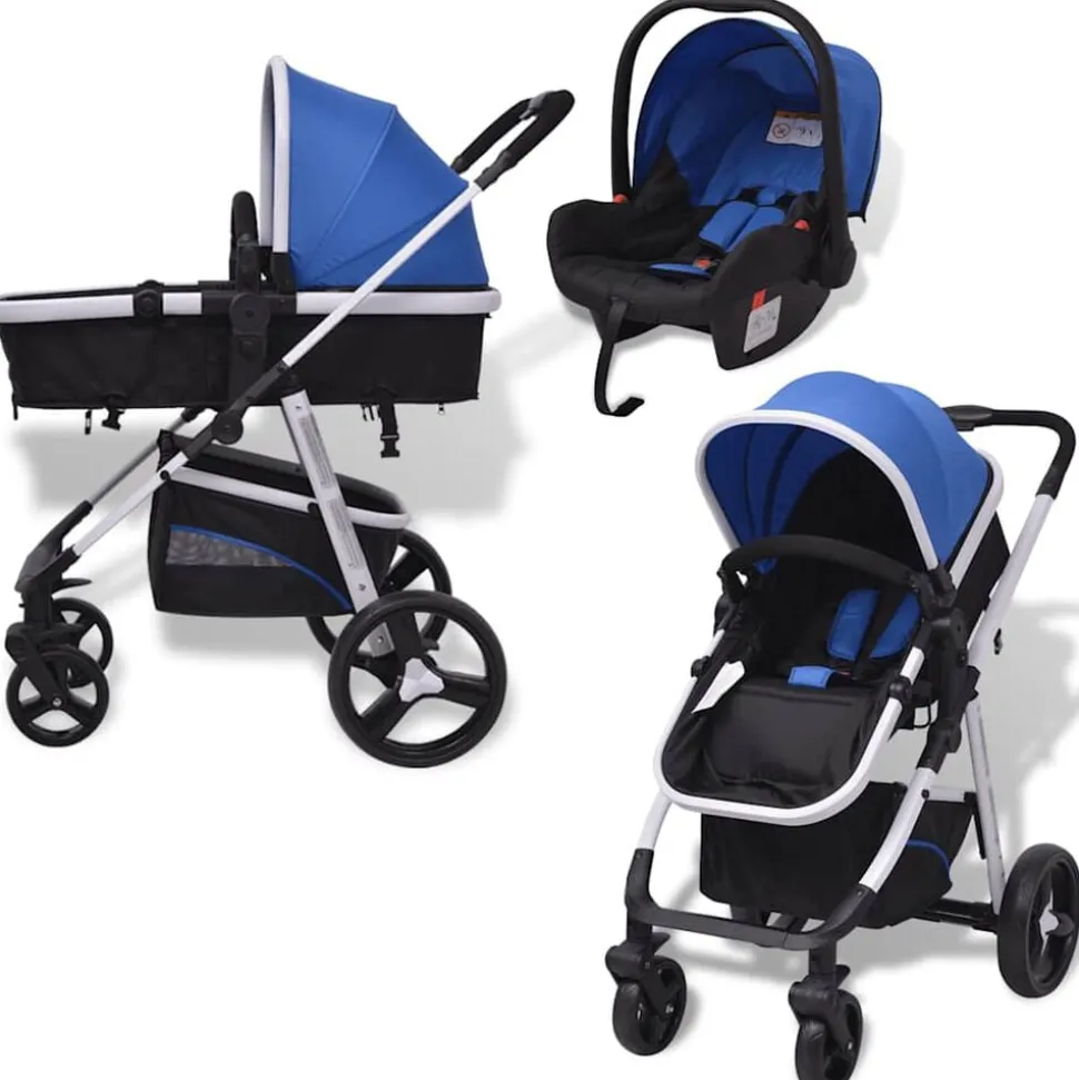 vidaXL 3-i-1 Barnvagn aluminium blå och svart