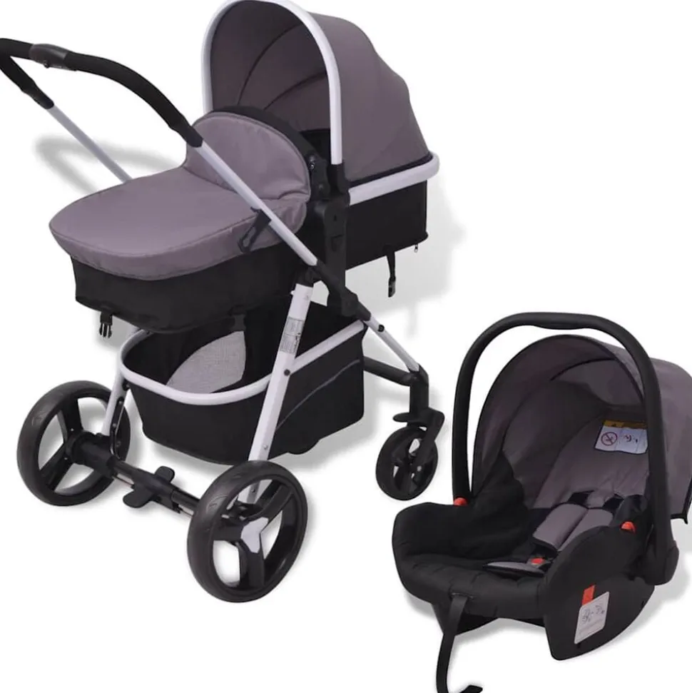 vidaXL 3-i-1 Barnvagn aluminium grå och svart