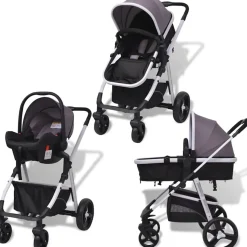 vidaXL 3-i-1 Barnvagn aluminium grå och svart