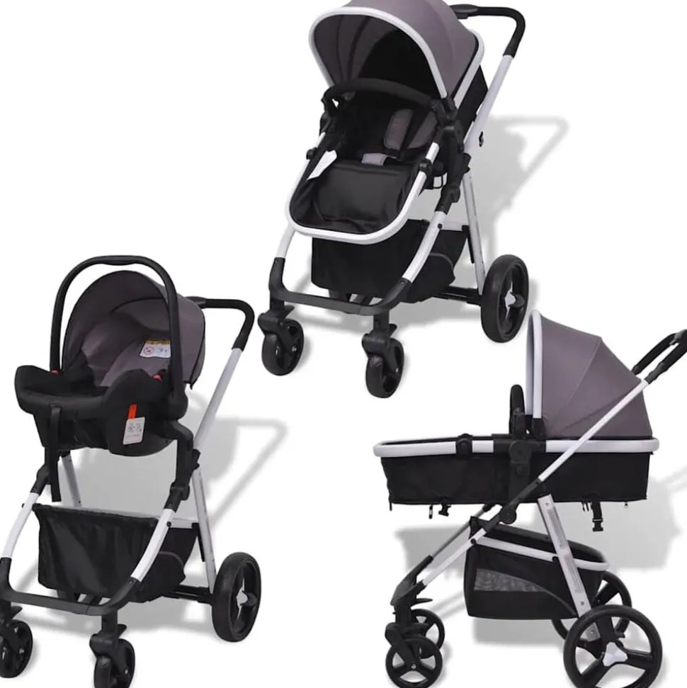 vidaXL 3-i-1 Barnvagn aluminium grå och svart